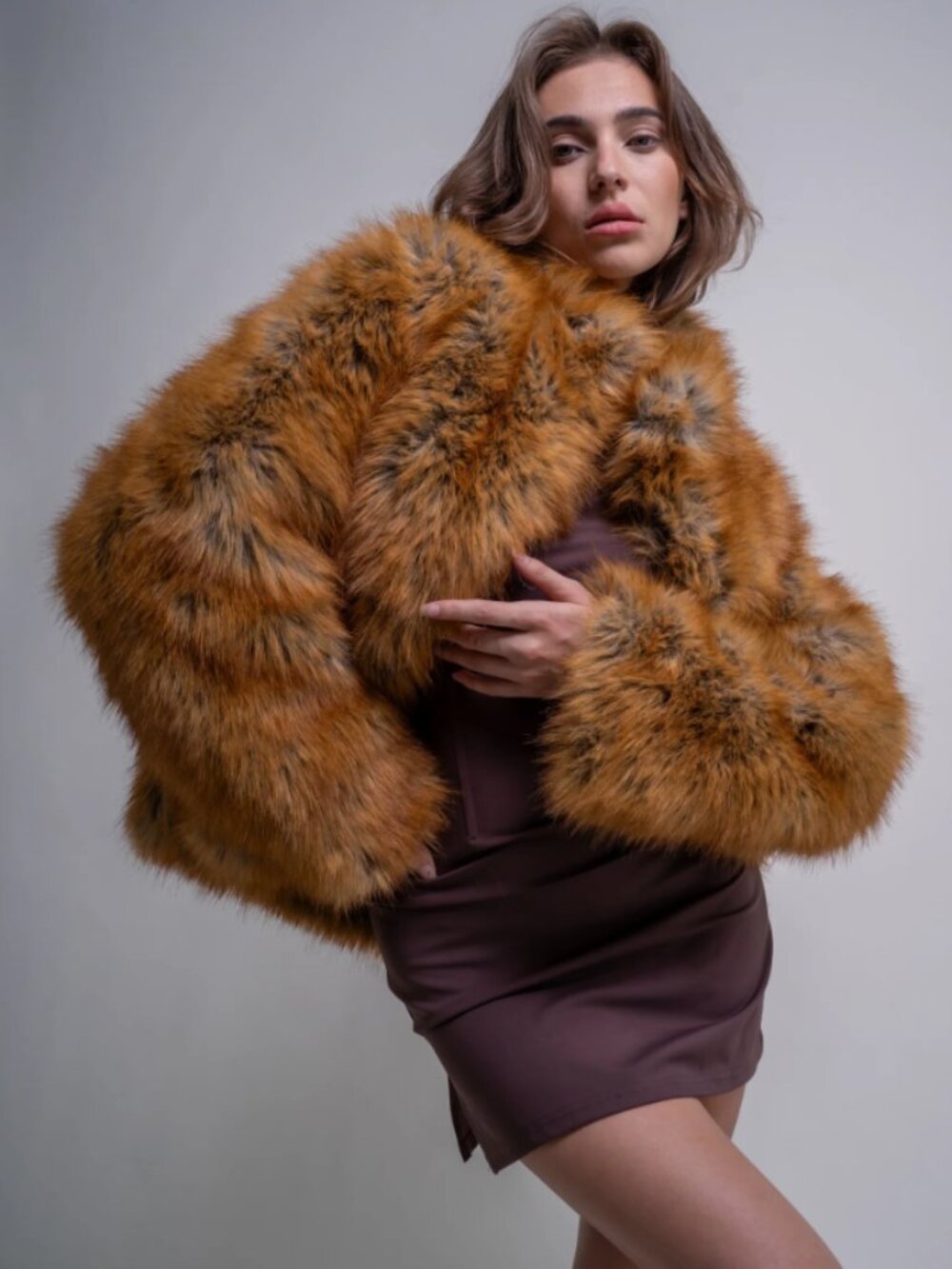 PANDIFOX-TAN FAUX FOX FUR JACKET